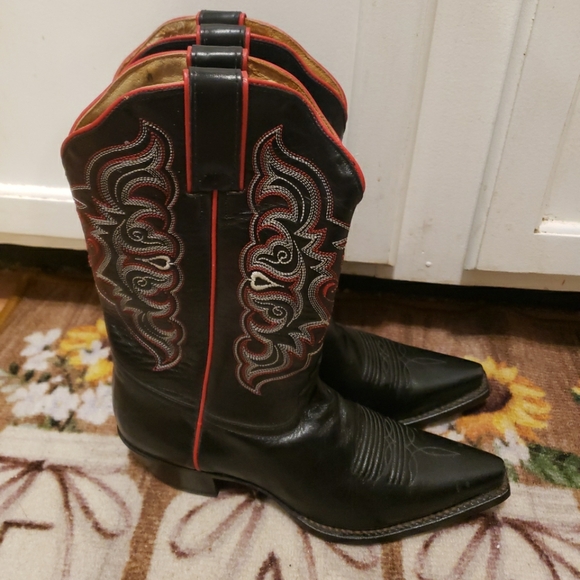 Rare Tony Lama Heart Embroidered Black Leather Sexy Western Boots Sz 7B - Picture 4 of 4